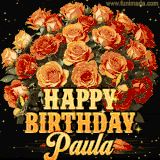 Animated bouquet of orange roses with moving butterfles and golden 'Happy Birthday Paula' text, surrounded by sparkling accents and a dark backdrop for a luxurious feel.