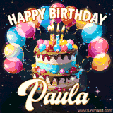 Bright birthday animation for Paula with a chocolate cake, candles, balloons, and glowing celebratory lights.
