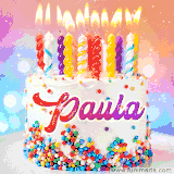 A cheerful white birthday cake with multicolor sprinkles, lit candles, and 'Paula' written in vibrant letters, in an animated GIF.