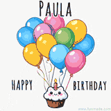An adorable and cute cupcake with a smiley face and moving colorful balloons create a joyful birthday greeting for Paula in this cheerful animated greeting E-card.
