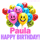 Animated colorful and joyful birthday balloons with cheerful smiles and a bright 'Happy Birthday Paula!' message in pink and purple.