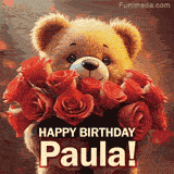 Cinematic style cute animated teddy bear with charming features holding a large bouquet of red roses, the words say 'Happy Birthday Paula' in sans serif font.