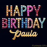 Vibrant luxury birthday greeting card for Paula, showing glittering gemstone letters and golden calligraphy on a dark background with twinkling shine effects.