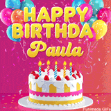 Pink-themed animated greeting with balloons, confetti, and a frosted cake under the message 'Happy Birthday Paula' in bold rounded yellow font.