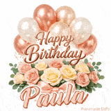 Beautiful pink and peach roses with gently moving Happy Birthday Paula text