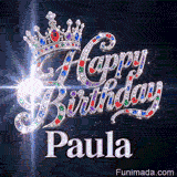 Cursive script encrusted with diamonds and multicolored jewels below a silver crown, made for Paula's birthday.