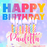 A vibrant animated name GIF with the words 'Happy Birthday Pauletta' with colorful candles on a creamy cake. The background sparkles with pastel shades, adding a festive touch.