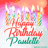 Bright birthday candles with rainbow flames on a cake, alongside the text 'Happy Birthday Paulette' in vibrant script in this celebratory animated GIF.