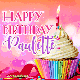 A vibrant birthday GIF featuring a rainbow-colored cupcake topped with white frosting, sprinkles, and a lit candle. The text reads 'Happy Birthday Paulette' in bold pink and violet letters with white outline.