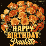 Animated bouquet of orange roses with moving butterfles and golden 'Happy Birthday Paulette' text, surrounded by sparkling accents and a dark backdrop for a luxurious feel.