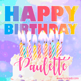 A vibrant animated name GIF with the words 'Happy Birthday Paulette' with colorful candles on a creamy cake. The background sparkles with pastel shades, adding a festive touch.
