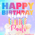 Animated Happy Birthday Cake with Name Pauli and Burning Candles