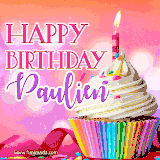 A vibrant birthday GIF featuring a rainbow-colored cupcake topped with white frosting, sprinkles, and a lit candle. The text reads 'Happy Birthday Paulien' in bold pink and violet letters with white outline.