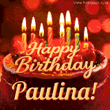 Beautifully decorated red velvet berry birthday cake with vibrant fruits and a glowing 'Paulina' name, adding a touch of sweetness and sparkle.
