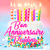 A white birthday cake covered in colorful sprinkles, topped with bright candles, and French text 'Bon Anniversaire Paulina' on a pastel gradient background in an animated GIF.