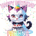 Cute cosmic cat with a birthday cake for Paulina surrounded by a shimmering array of rainbow stars