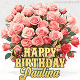 Golden 'Happy Birthday Paulina' text beneath a vibrant bouquet of orange roses, complete with glittering butterflies and sparkling details.