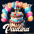 Hand-drawn happy birthday cake adorned with an arch of colorful balloons - name GIF for Paulina