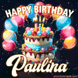 Bright birthday animation for Paulina with a chocolate cake, candles, balloons, and glowing celebratory lights.