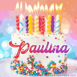 A cheerful white birthday cake with multicolor sprinkles, lit candles, and 'Paulina' written in vibrant letters, in an animated GIF.