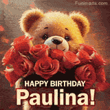 Cinematic style cute animated teddy bear with charming features holding a large bouquet of red roses, the words say 'Happy Birthday Paulina' in sans serif font.