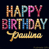 Vibrant luxury birthday greeting card for Paulina, showing glittering gemstone letters and golden calligraphy on a dark background with twinkling shine effects.