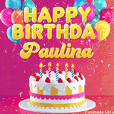 Pink-themed animated greeting with balloons, confetti, and a frosted cake under the message 'Happy Birthday Paulina' in bold rounded yellow font.