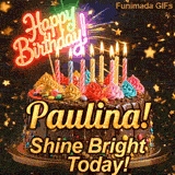 Warm flickering candles on top of a chocolate glaze cake with Paulina's name in elegant writing.