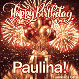 White Happy Birthday script text with red outline above gold and burgundy balloons and the name Paulina