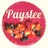Beautifully decorated red velvet berry birthday cake with vibrant fruits and a glowing 'Payslee' name, adding a touch of sweetness and sparkle.