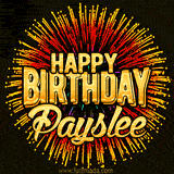 Golden 'Happy Birthday Payslee' text accompanied by animated rainbow fireworks for a festive animated greeting.
