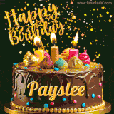 A delightful chocolate birthday cake with bright candles and 'Happy Birthday Payslee' written in gold amidst a shower of animated stars.