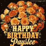 Animated bouquet of orange roses with moving butterfles and golden 'Happy Birthday Payslee' text, surrounded by sparkling accents and a dark backdrop for a luxurious feel.