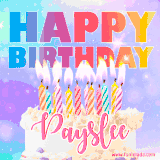 A vibrant animated name GIF with the words 'Happy Birthday Payslee' with colorful candles on a creamy cake. The background sparkles with pastel shades, adding a festive touch.