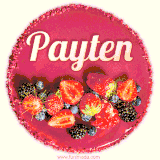 Beautifully decorated red velvet berry birthday cake with vibrant fruits and a glowing 'Payten' name, adding a touch of sweetness and sparkle.