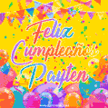 A bright and festive GIF with the text 'Feliz Cumpleaños Payten' in Spanish in colorful fonts, surrounded by confetti, balloons, and festive banners on a vibrant yellow background.