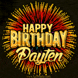 Golden 'Happy Birthday Payten' text accompanied by animated rainbow fireworks for a festive animated greeting.