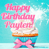 A festive cupcake with pink icing, a gingham bow, and a lit animated sparkler, paired with 'Happy Birthday Payten!' in bright pink text.