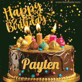 A delightful chocolate birthday cake with bright candles and 'Happy Birthday Payten' written in gold amidst a shower of animated stars.