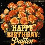 Animated bouquet of orange roses with moving butterfles and golden 'Happy Birthday Payten' text, surrounded by sparkling accents and a dark backdrop for a luxurious feel.