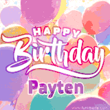 A vibrant name GIF featuring colorful balloons in shades of pink, orange, and yellow with the bold text 'Happy Birthday Payten' in festive fonts, creating a lively birthday vibe.