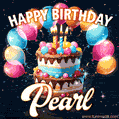 Hand-drawn happy birthday cake adorned with an arch of colorful balloons - name GIF for Pearl
