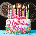 Amazing Animated GIF Image for Pedro with Birthday Cake and Fireworks