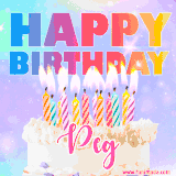A vibrant animated name GIF with the words 'Happy Birthday Peg' with colorful candles on a creamy cake. The background sparkles with pastel shades, adding a festive touch.