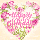 A stunning heart made of pink roses surrounds the elegant script text 'Happy Birthday Peg' on a soft beige background. Animated sparkles add a magical and festive feel.