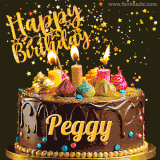 A delightful chocolate birthday cake with bright candles and 'Happy Birthday Peggy' written in gold amidst a shower of animated stars.