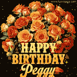 Animated bouquet of orange roses with moving butterfles and golden 'Happy Birthday Peggy' text, surrounded by sparkling accents and a dark backdrop for a luxurious feel.