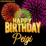 A golden 'Happy Birthday Peigi' message with vibrant fireworks in the background, creating a festive and celebratory vibe in this animated name GIF.