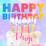 A vibrant animated name GIF with the words 'Happy Birthday Peigi' with colorful candles on a creamy cake. The background sparkles with pastel shades, adding a festive touch.
