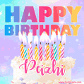 Animated Happy Birthday Cake with Name Peizhi and Burning Candles